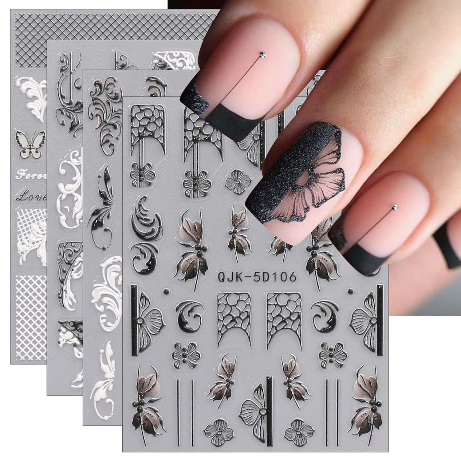 JMEOWIO 3D Nagelsticker Schwarz Weiß Blume Nail Art Naklejka Selbstklebend Nagelaufkleber 5D Stereoskopisch Blumen Dekoration Nageldesign Zubehör 4 Blatt