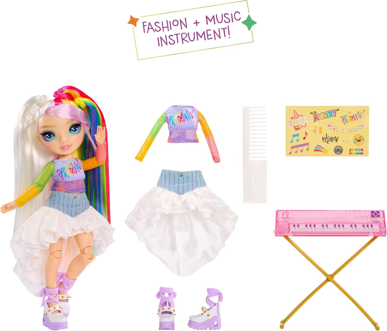 Zespół Rainbow High Junior High Rock Band – Amaya, kolory tęczy – lalka modowa 23 cm z klawiaturą, konfigurowalna za pomocą naklejek, ruchoma, urocza zabawka dla dzieci w wieku od 4 lat