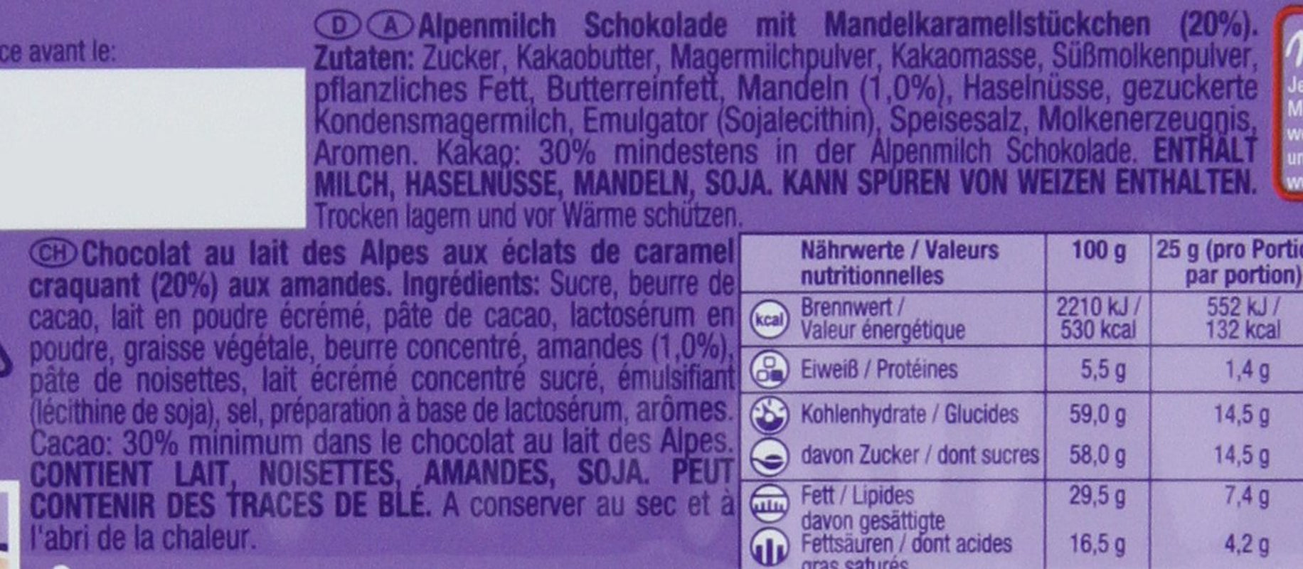 & Daim 1 x 100g I Alpejska czekolada mleczna I z kawałkami karmelu i migdałami I 100% alpejska czekolada mleczna I Tabliczka czekolady z Daimem (4 szt. w opakowaniu)