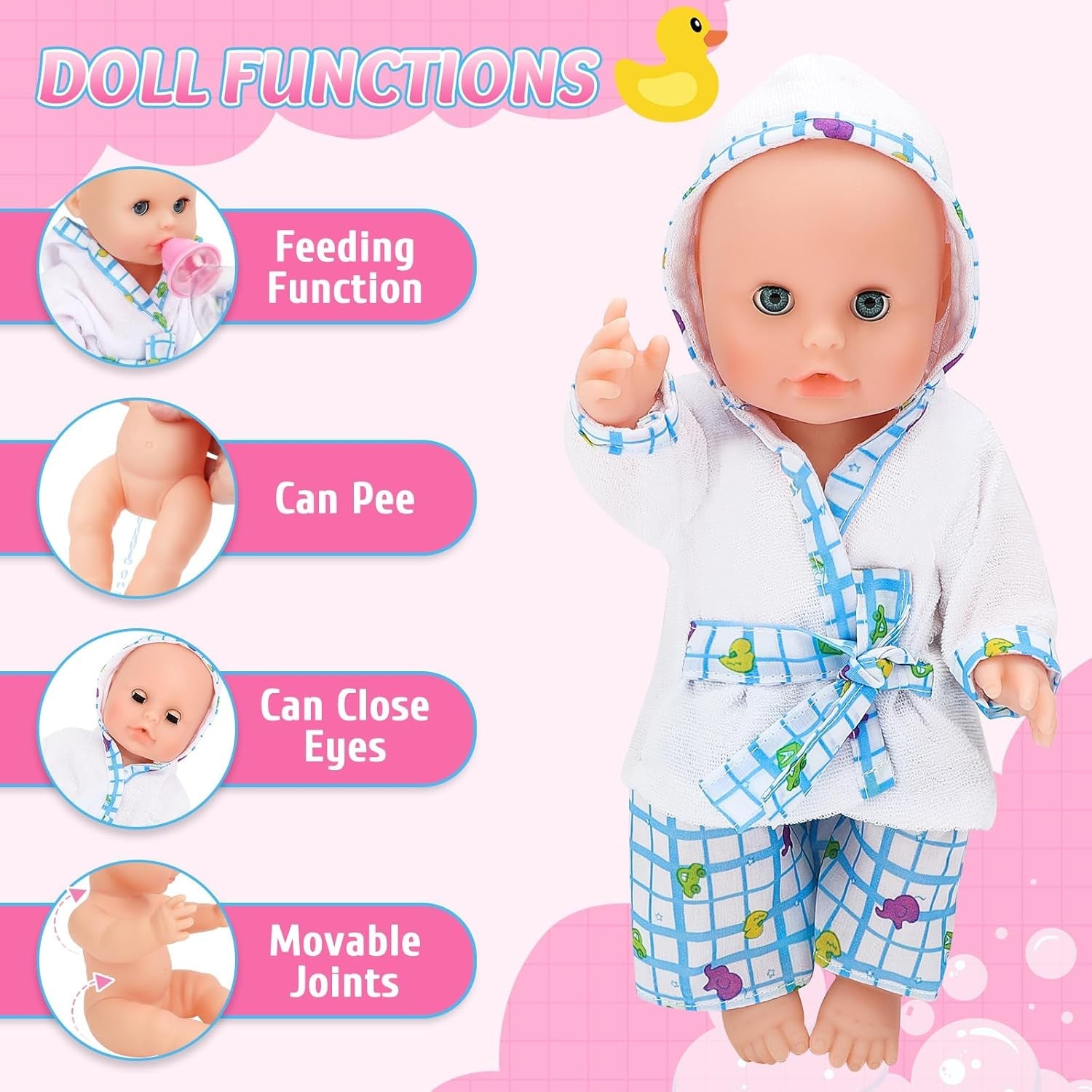 Zestaw wanny dla lalek deAO, interaktywna lalka 33 cm, wanienka dla lalek, zestaw dla lalek ze smoczkiem, ubranka dla lalek, szlafrok, pieluchy dla lalek, wanna i funkcjonalny spray pod prysznic