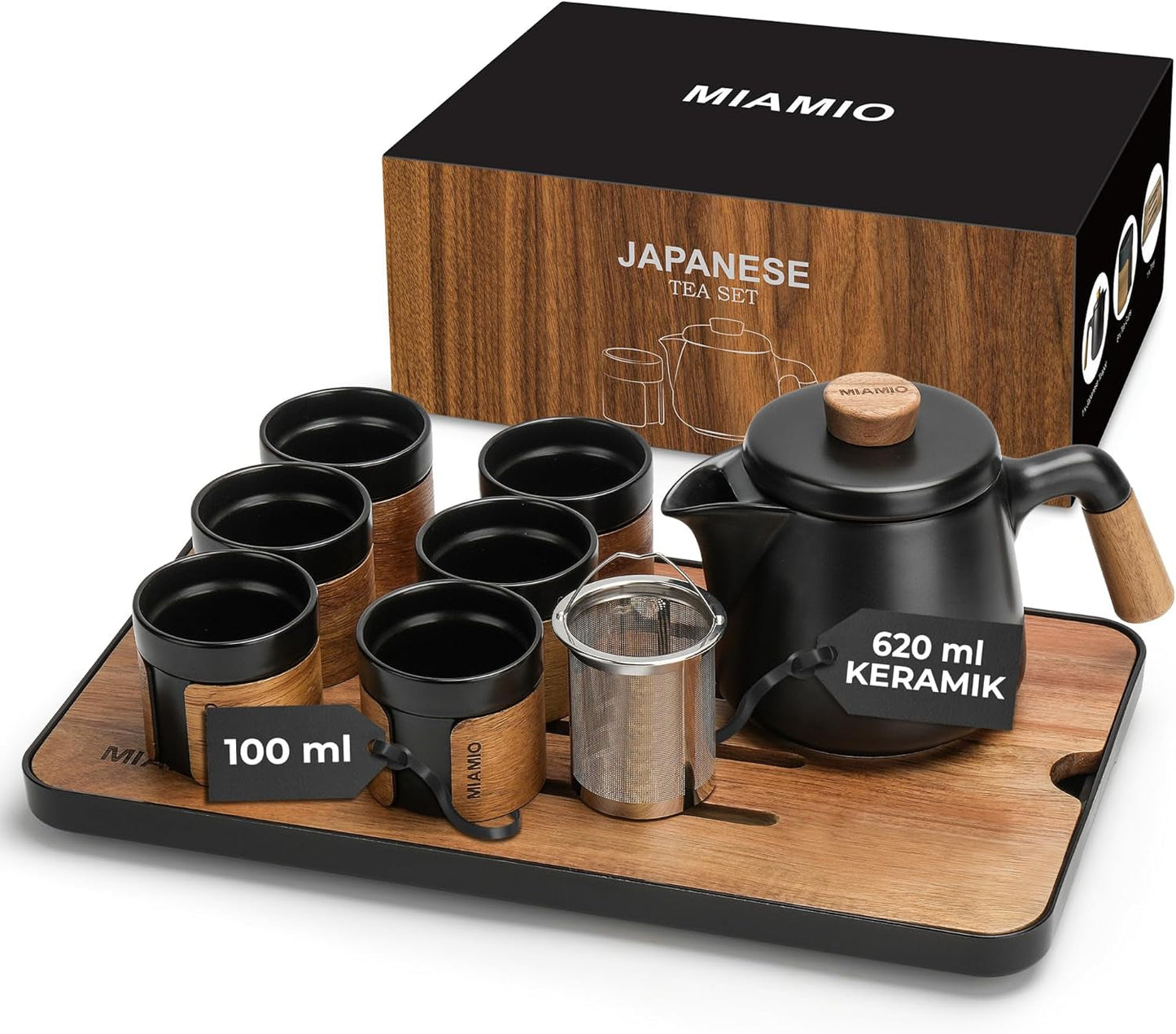 MIAMIO - Zestaw do herbaty japońskiej/chińskiej 6 x 100 ml / Czajnik azjatycki 620 ml z zaparzaczem, Tradycyjny japoński zestaw do herbaty dla miłośników herbaty/mężczyzn/kobiet (czarny)