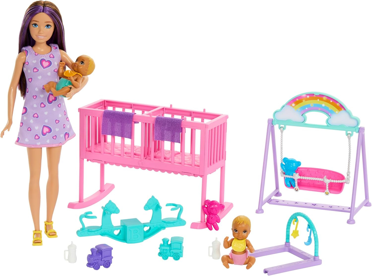 Lalka Barbie Skipper i domek do zabawy z akcesoriami, w tym bliźniacze lalki, 1 łóżeczko, 1 huśtawka, 1 bujak i inne elementy, HXM99