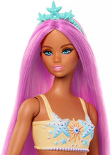 Lalka Barbie Syrenka z fantazyjnymi różowymi włosami i opaską, lalka z głową rozgwiazdy i miękką pomarańczową płetwą ogonową, HRR05