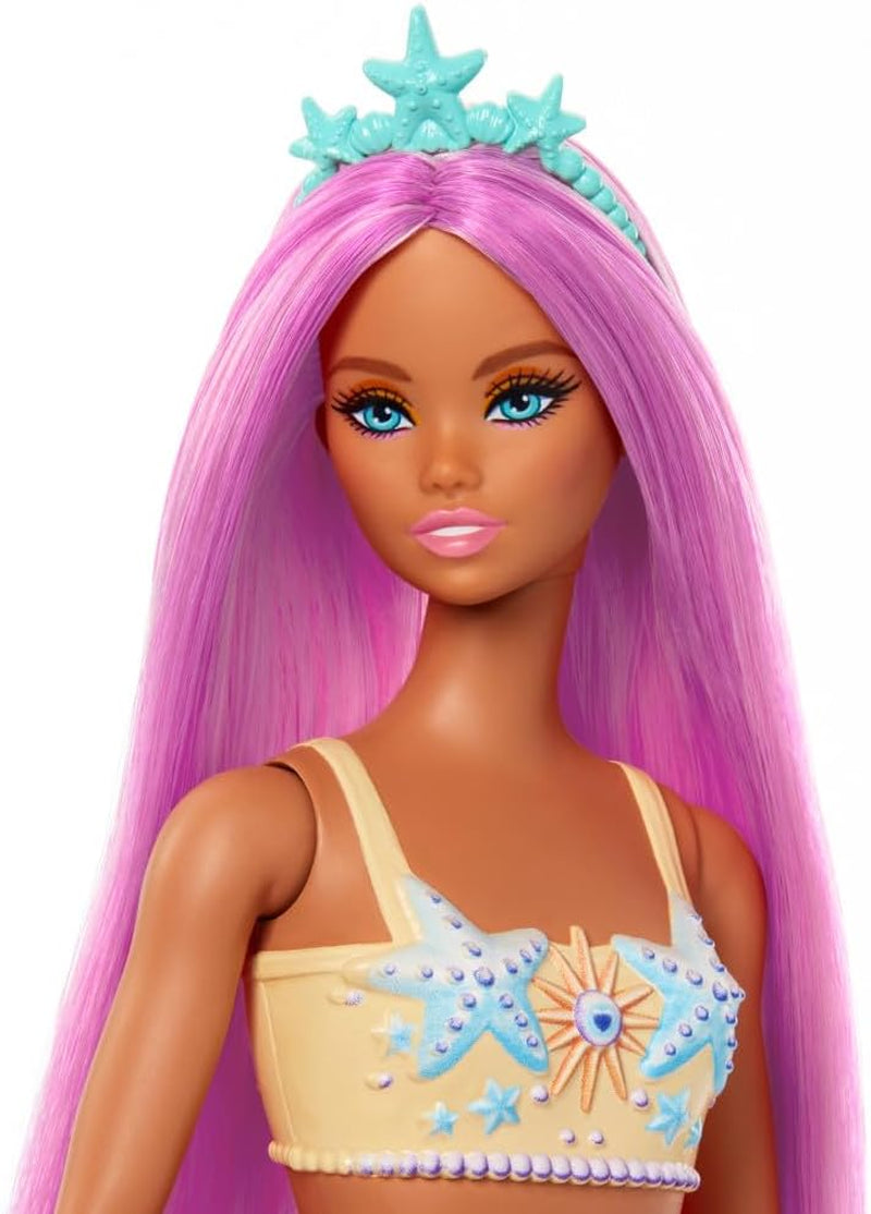 Lalka Barbie Syrenka z fantazyjnymi różowymi włosami i opaską, lalka z głową rozgwiazdy i miękką pomarańczową płetwą ogonową, HRR05