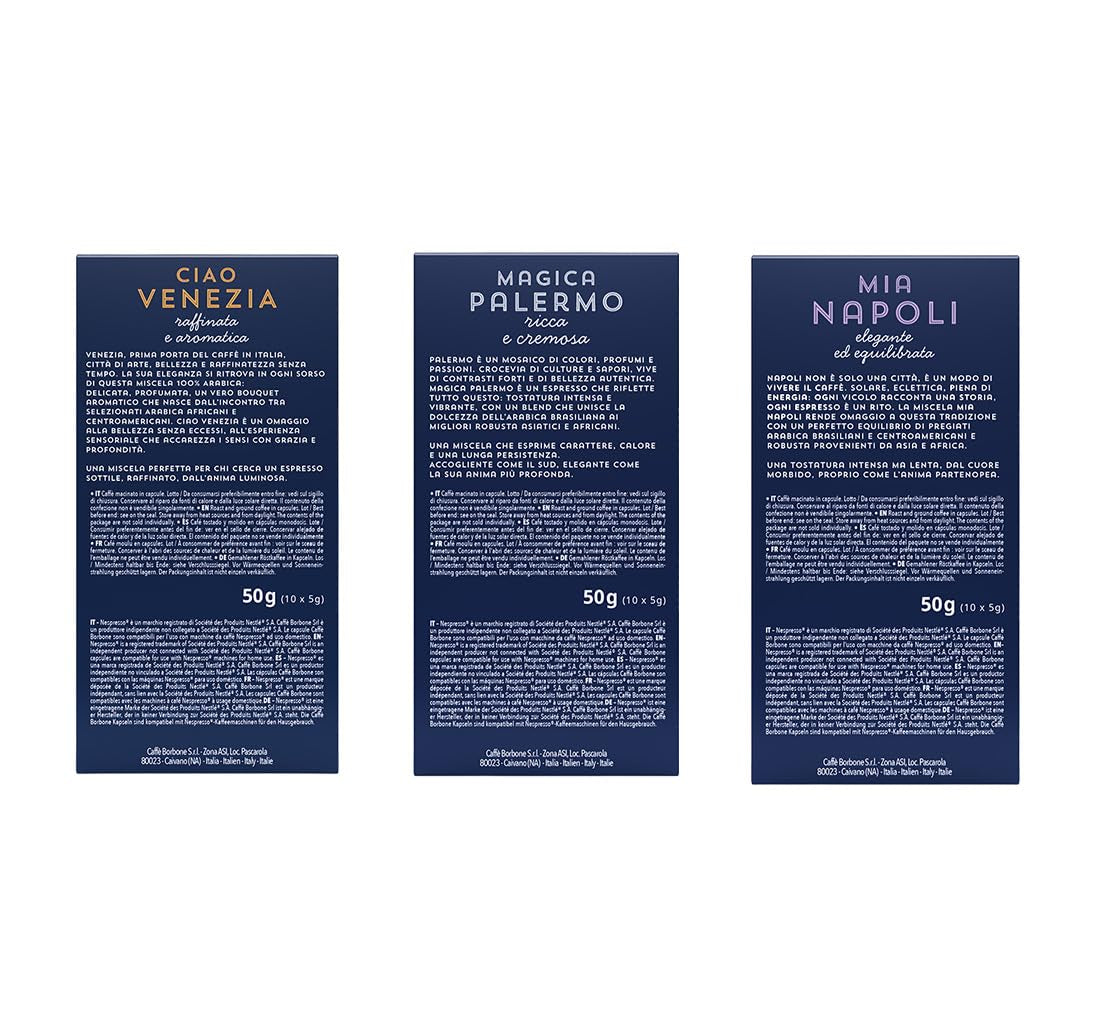 Zestaw Caffè Borbone Verkostung, 90 kapsułek aluminiowych: 30 Mia Napoli, 30 Ciao Venezia, 30 Magica Palermo, (3 x 30 Stück) – Kompatybilny z Kaffeemaschinen für den Hausgebrauch marki Nespresso®*