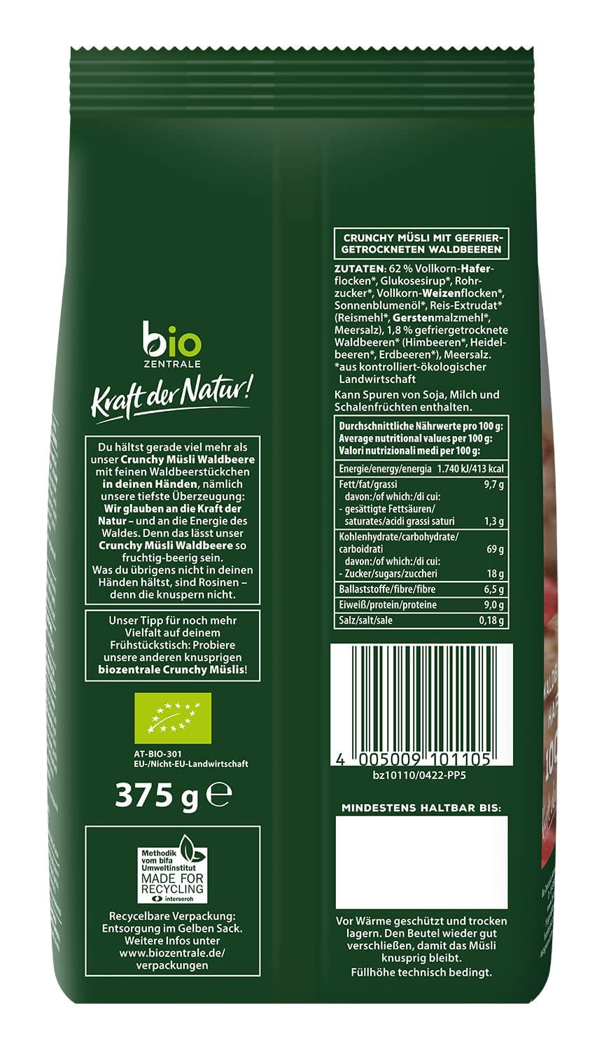 Chrupiące musli z jagodami Biozentrale | 375 g organicznego musli | Idealny na śniadanie i filiżankę musli na wynos | Alternatywa dla batonów musli