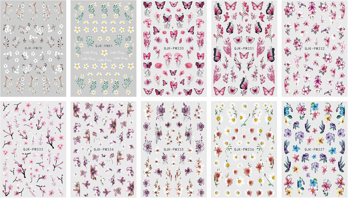 JMEOWIO Nagelsticker Blume 10 Blatt Nail Art Naklejka Selbstklebend Nagelaufkleber Frühling Letnia dekoracja kwiatowa Nageldesign Zubehör