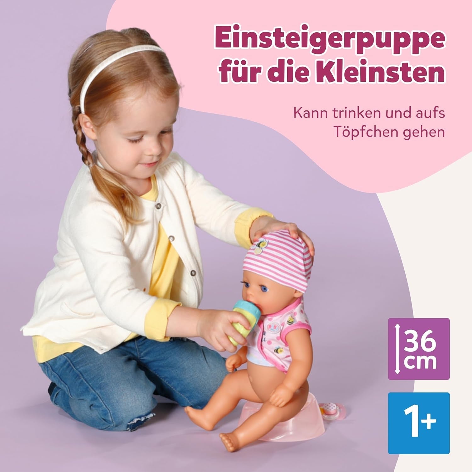 BABY Born Lena (Girl) - laleczka bobas 36 cm - 7 funkcji, w tym akcesoria i materacyk - Działa całkowicie bez baterii - Odpowiednia dla małych dzieci od 1 roku