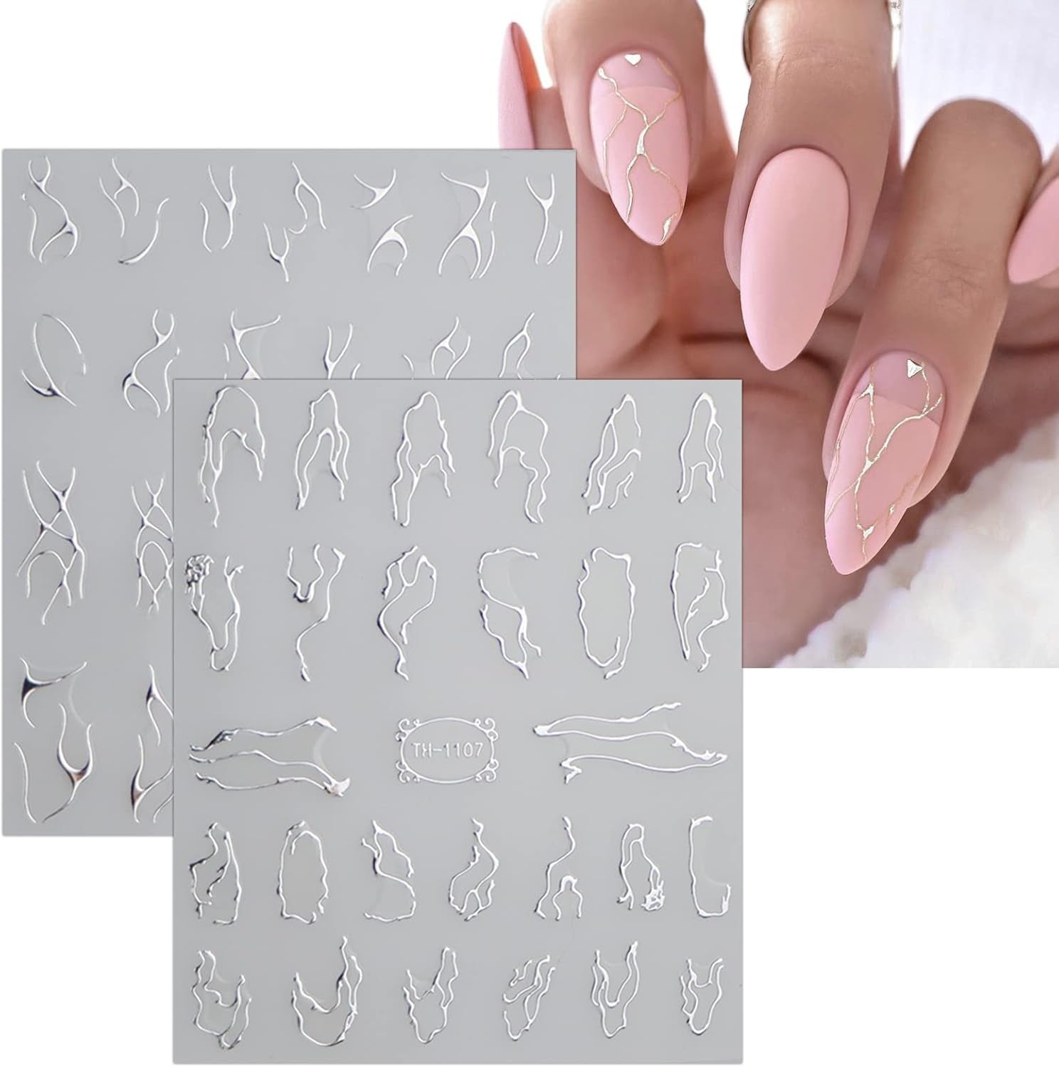 JMEOWIO Nagelsticker Marmor Linie 9 Blatt Nail Art Naklejka Selbstklebend Nagelaufkleber Silber Bunt Dekoration Nageldesign Zubehör