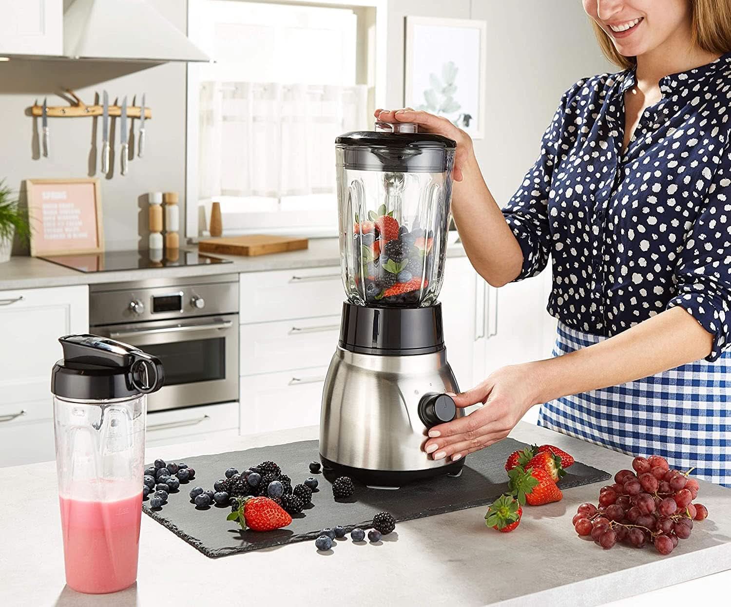 Mikser stojący Russell Hobbs 2 w 1 [mikser do glazury o pojemności 1,5 l i mini-automat do smoothie o pojemności 0,6 l -Trinkflasche na wynos Inkl. Deckel] Spülmaschinenfest, Impuls-/Ice-Crush Funktion, Becher BPA Frei, Edelstahl 23821-56 Kitchen Naty Shop