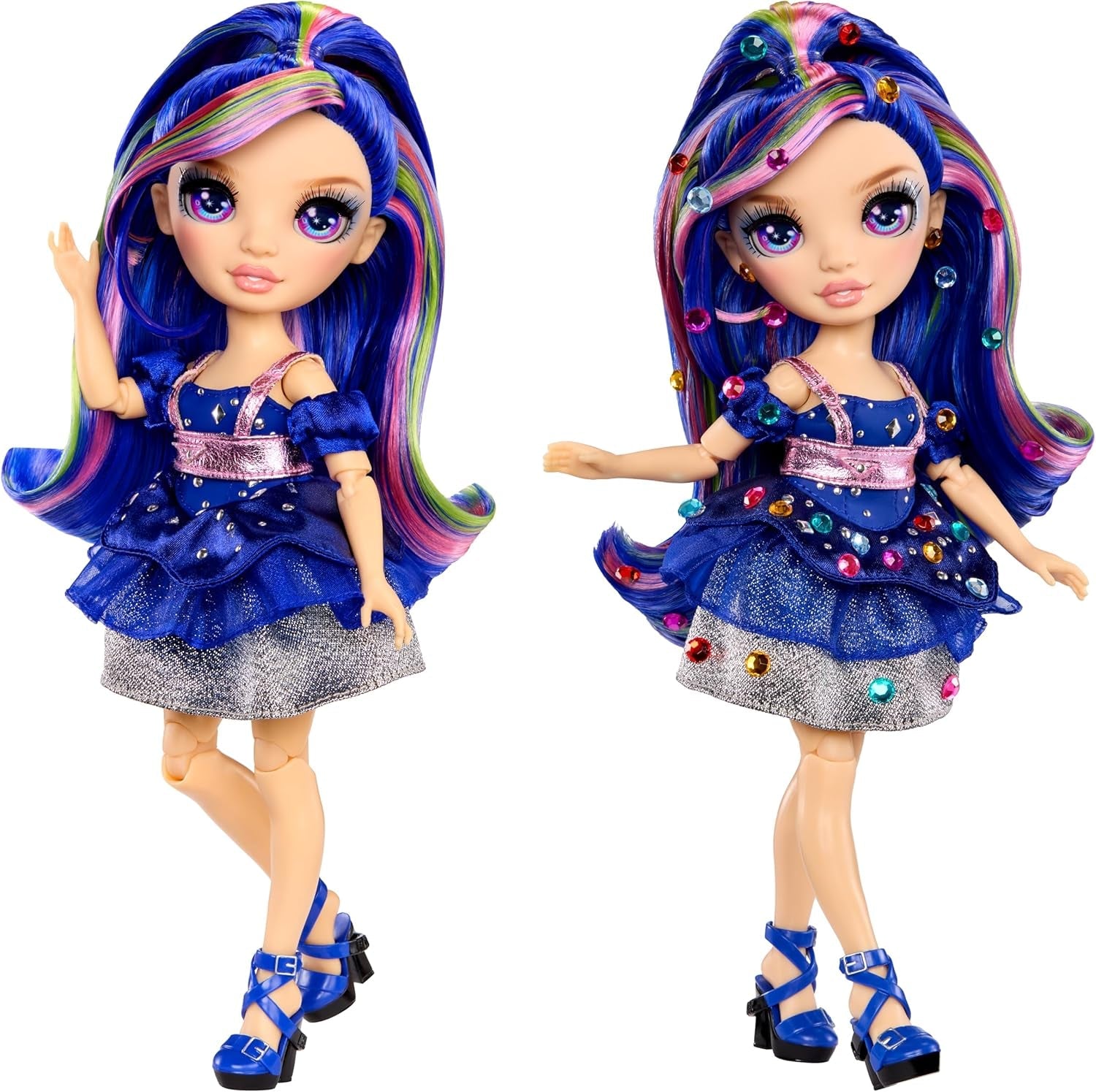 Rainbow High Be Dazzling - Genevieve Bleue - Niebieska lalka modowa 28 cm z narzędziem do ozdabiania, błyszczącymi kamieniami szlachetnymi i akcesoriami do stylizacji