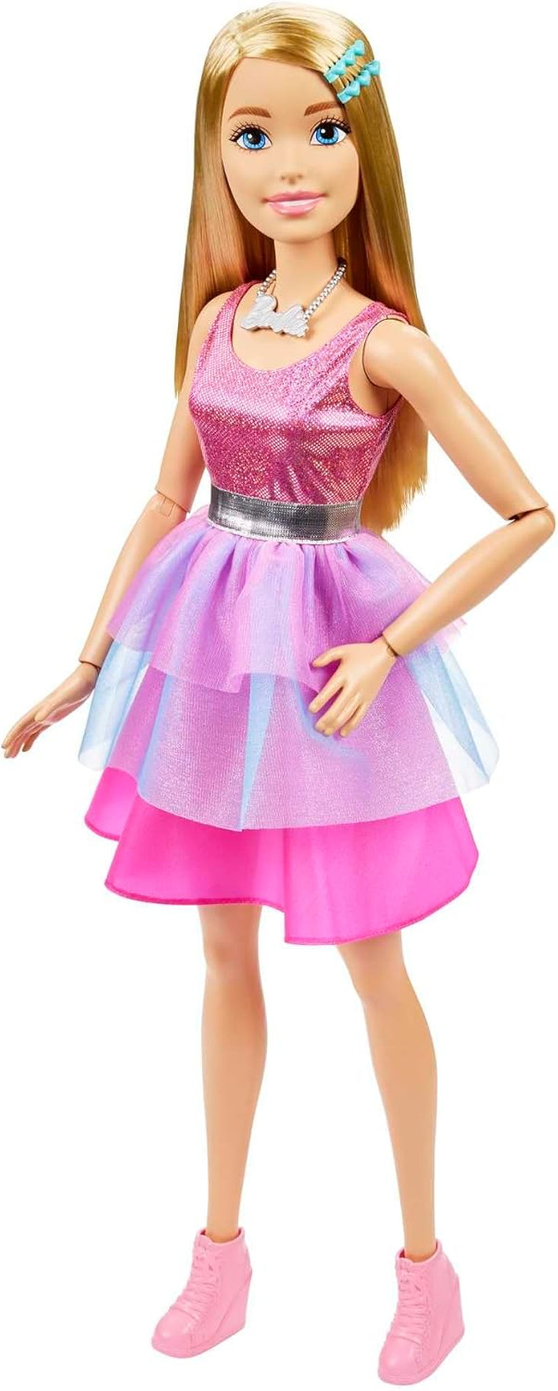 Bardzo duża lalka Barbie (71 cm) - różowa sukienka, blond włosy ze spinką i naszyjnikiem, prezent dla dzieci w wieku 3+, HJY02 Naty Shop Dolls Domyślny tytuł