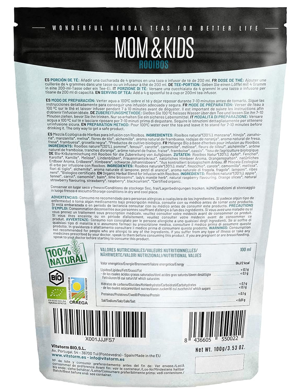 VITSTORM® BIO TEE Mom & Kids - Herbata dla kobiet i karmiących piersią - Rooibos, jabłko, koper włoski, melisa, alchemilla, truskawka - Herbata relaksująca - Owocowa i pyszna - Bez kofeiny - Herbata ziołowa 100 g