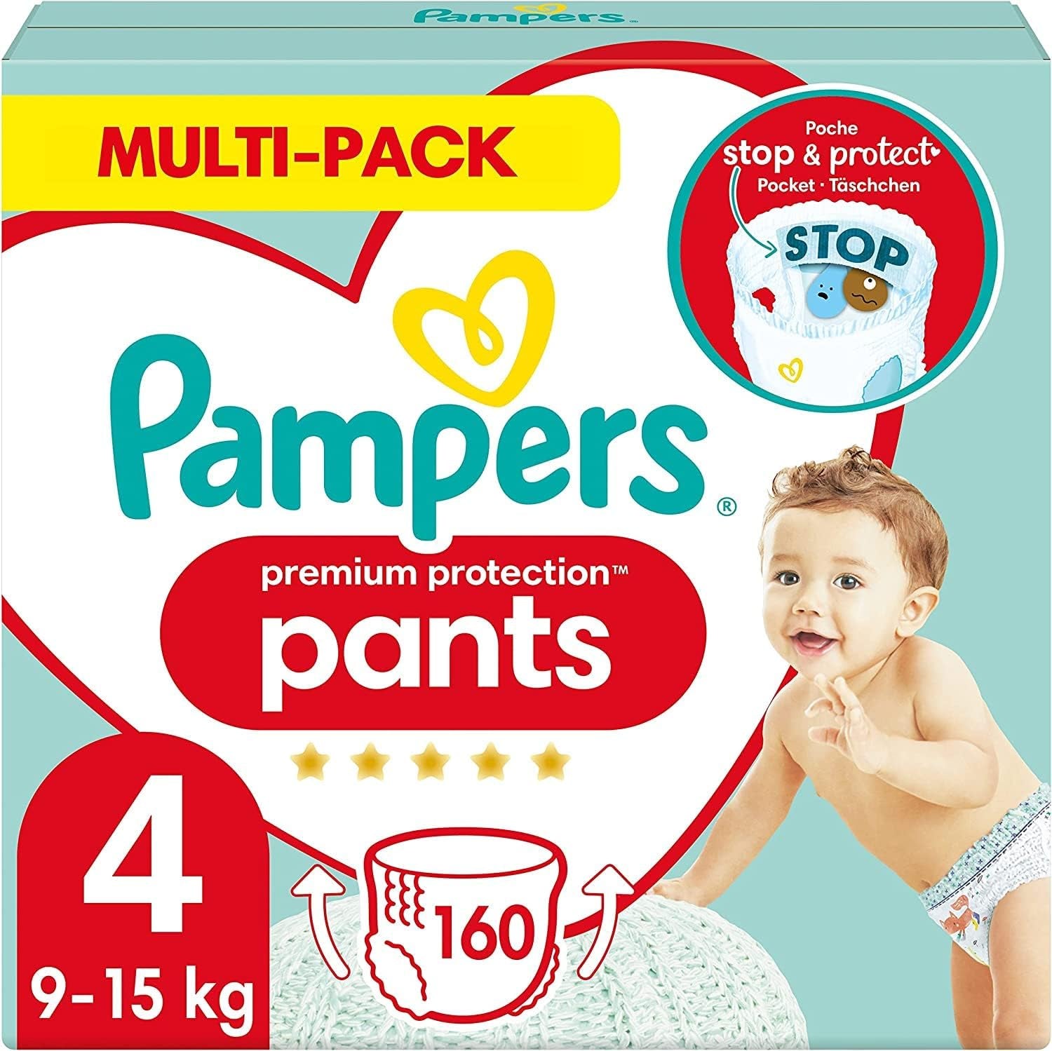 Spodnie ochronne Pampers Premium rozmiar 7, 123 pieluszki, 15 kg+, z regulacją 360° i miękkimi mankietami zapobiegającymi wyciekaniu dla optymalnego komfortu i ochrony