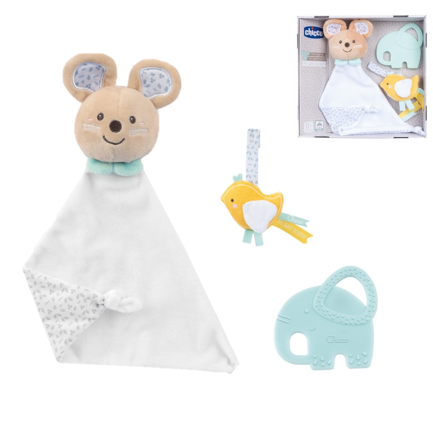 Chicco, zestaw upominkowy My Sweet Doudou Baby, miękki kocyk DouDou, welurowy smoczek, wytłoczony gryzak w kształcie słonia, pomysły na prezenty dla noworodków od 0 miesiąca życia