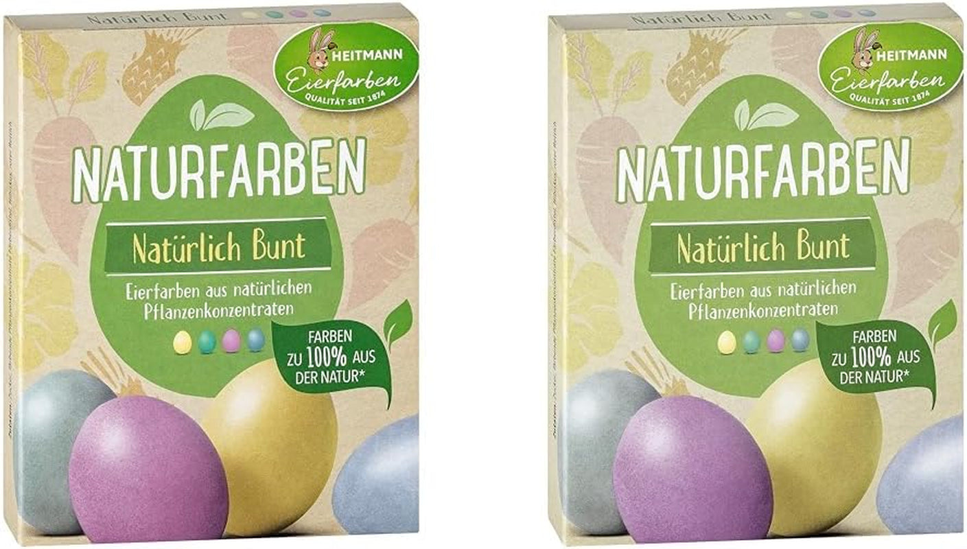 Zestaw naturalnych barwników Heitmann Egg Dye, 3 proszki barwnika do jaj (żółty, fioletowy, szaro-niebieski), arkusz naklejek z papieru z trawy