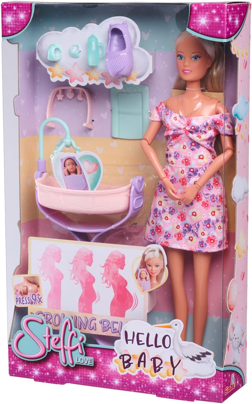 Simba 105733680 Steffi Love Doll Hello Baby (29 cm) - Lalka w ciąży z rosnącym brzuchem, laleczką i akcesoriami - Zabawka dla dzieci, dziewcząt i chłopców od 3 lat