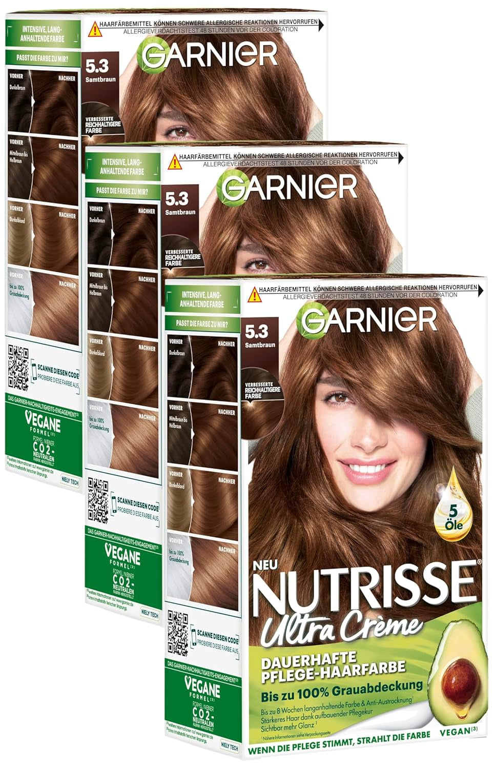 Garnier Nutrisse Farba do włosów trwała pielęgnacja z odżywczymi olejkami owocowymi Utrzymanie koloru Ultra Crème Tint przez 8 tygodni 053 Aksamitny brąz (zestaw 3 szt.) Naty Shop Kolor włosów Domyślny tytuł