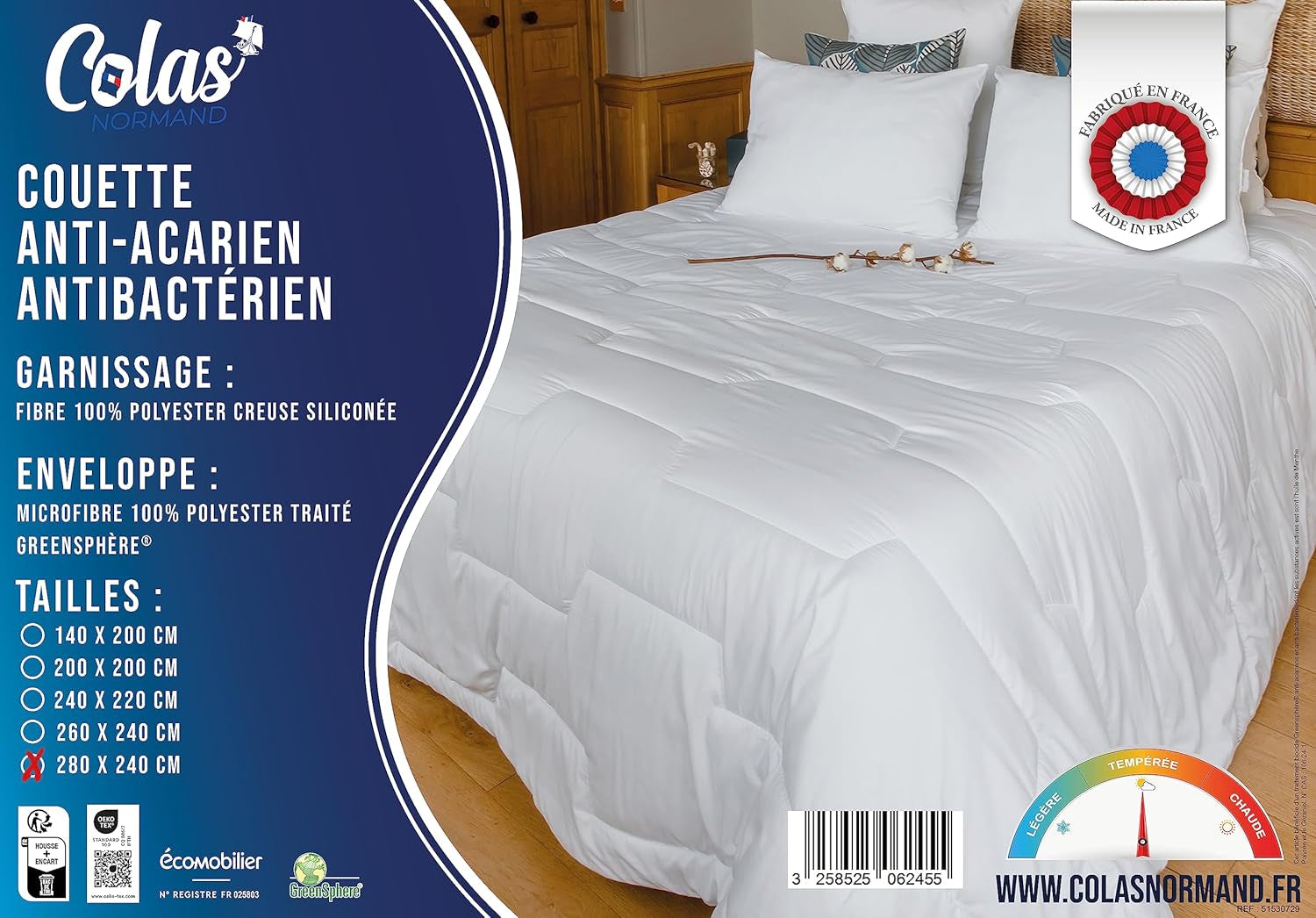 COLAS NORMAND - Kołdra przeciw roztoczom i bakteriom - Umiarkowany - 280 X 240 cm - Długotrwały efekt - Doskonała higiena - Mikrofibra - Miękka i wygodna - Możliwość prania Kołdry i kołdry Naty Shop