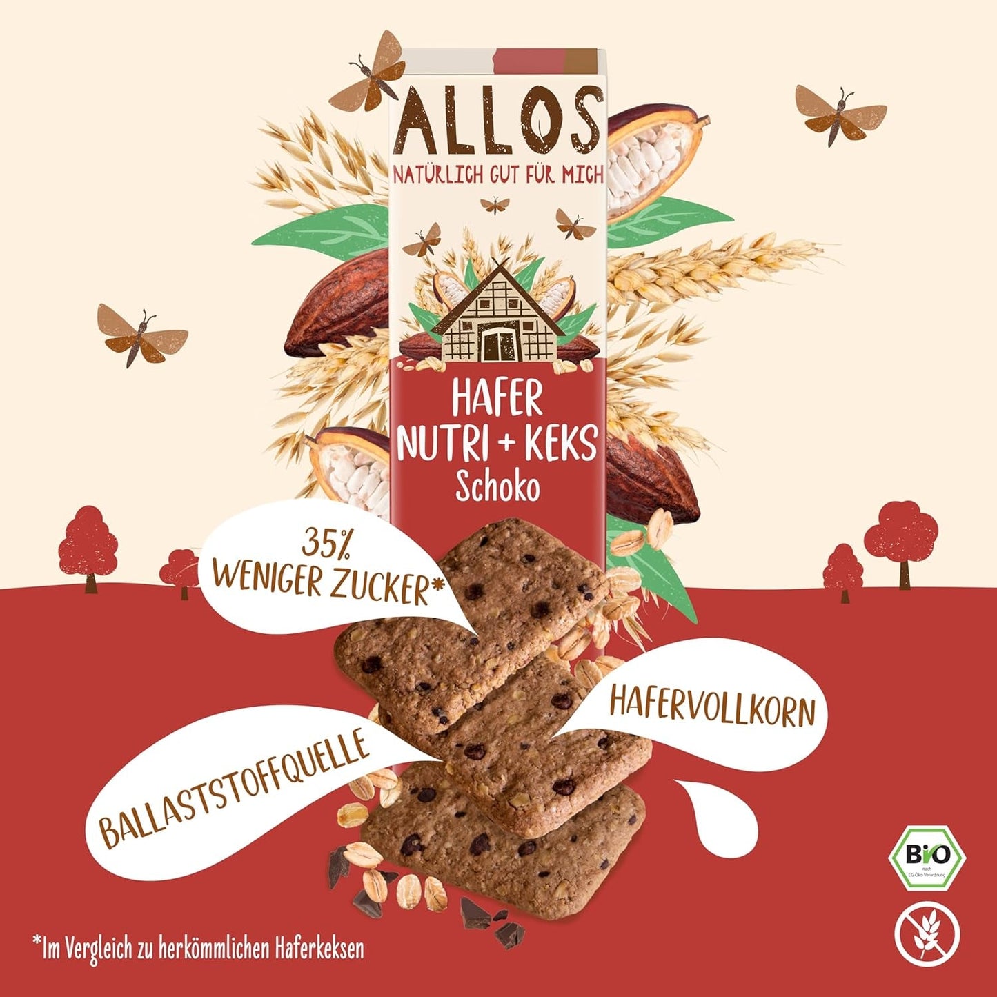 Ciastka owsiane i ekologiczna czekolada Allos | Chrupiące Ciasteczka Czekoladowe Owsiane | Dosłodzić miodem 6 x 130g
