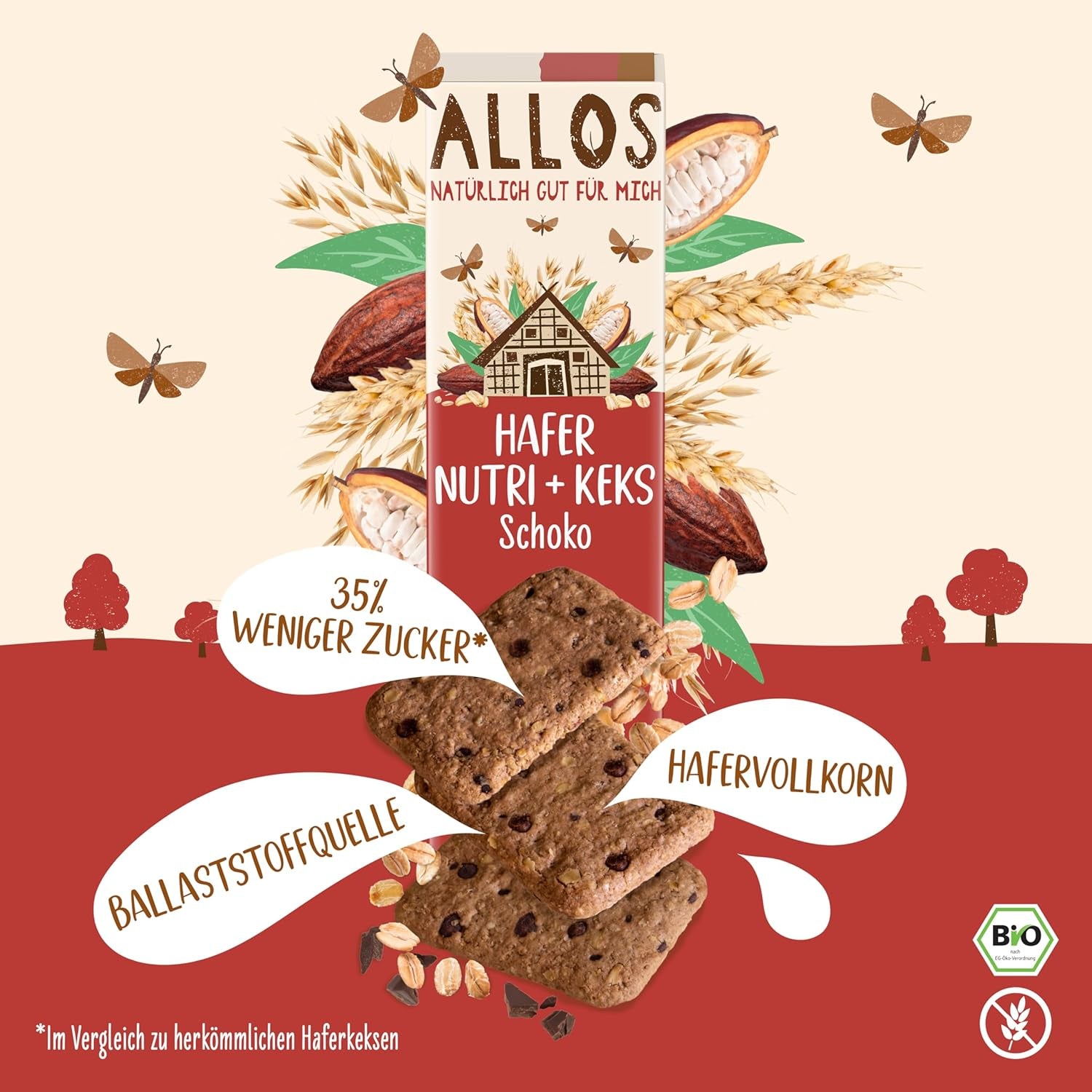 Ciastka owsiane i ekologiczna czekolada Allos | Chrupiące Ciasteczka Czekoladowe Owsiane | Dosłodzić miodem 6 x 130g