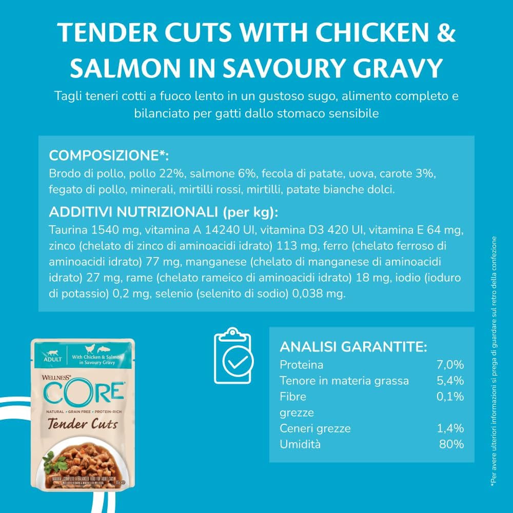 Wellness CORE Tender Cuts 6 x 85g, Chicken Selection Mix - Mokra karma dla kotów, delikatne kawałki w sosie, bez zbóż, naturalna, hipoalergiczna, bogata w białko, o wysokiej zawartości mięsa