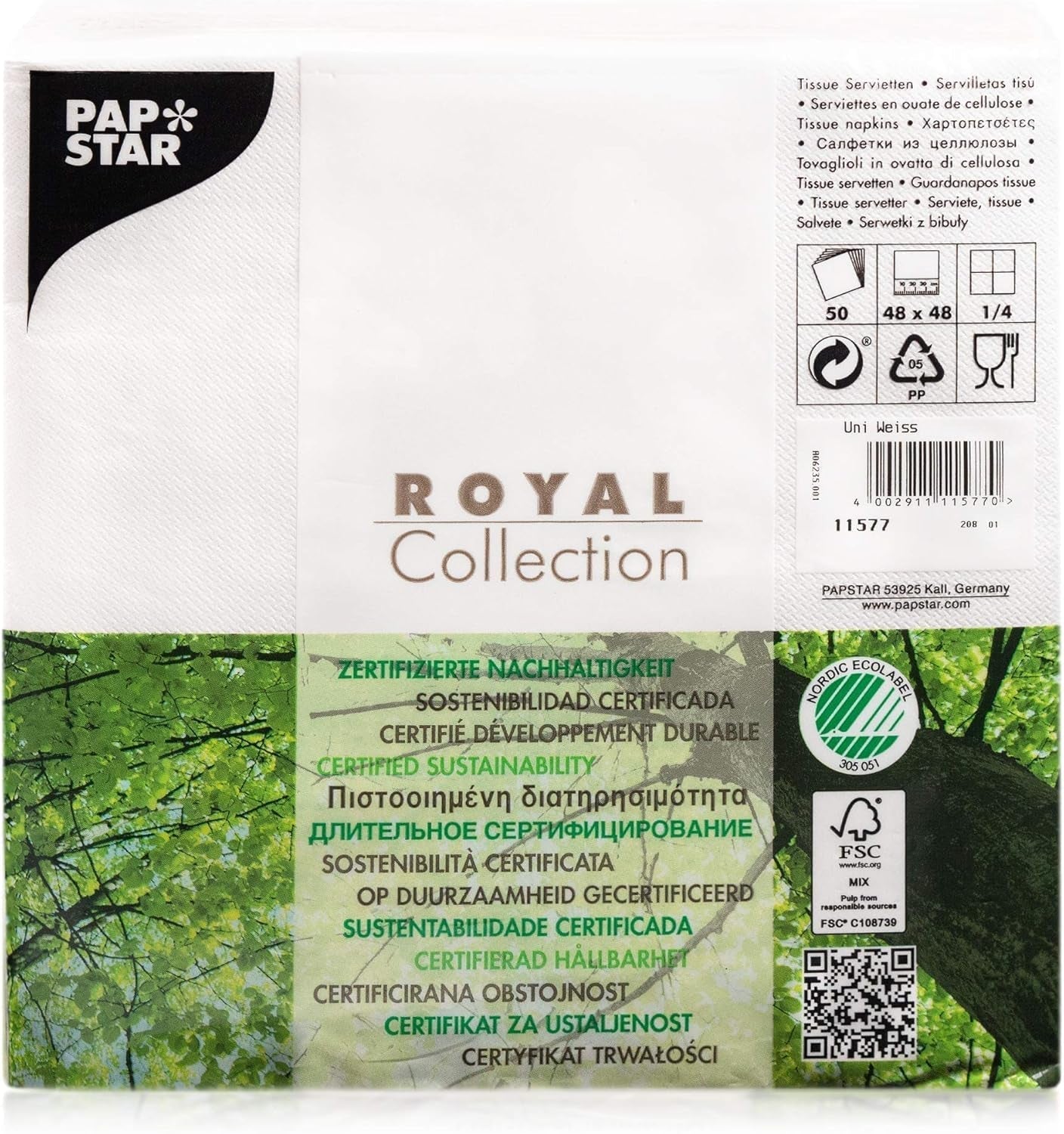 Papstar, 50 serwetek „ROYAL Collection” 1/4-krotnie 48 cm x 48 cm biały, #11577