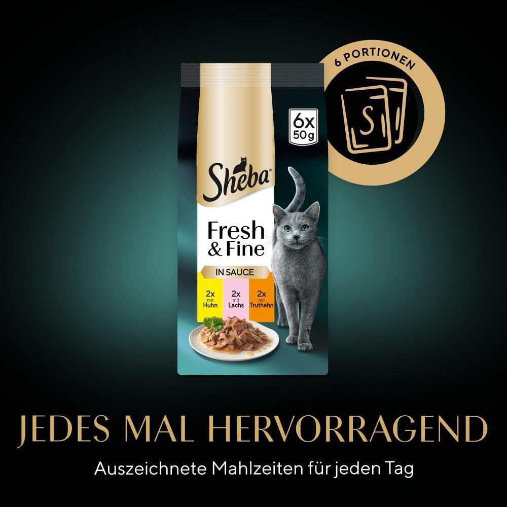 Sheba Porcja W saszetkach Mokra karma dla kotów, opakowanie zbiorcze Fresh & Fine w sosie z kurczakiem i łososiem MSC, 6x6x50g - Drobne posiłki dla kotów w sosie