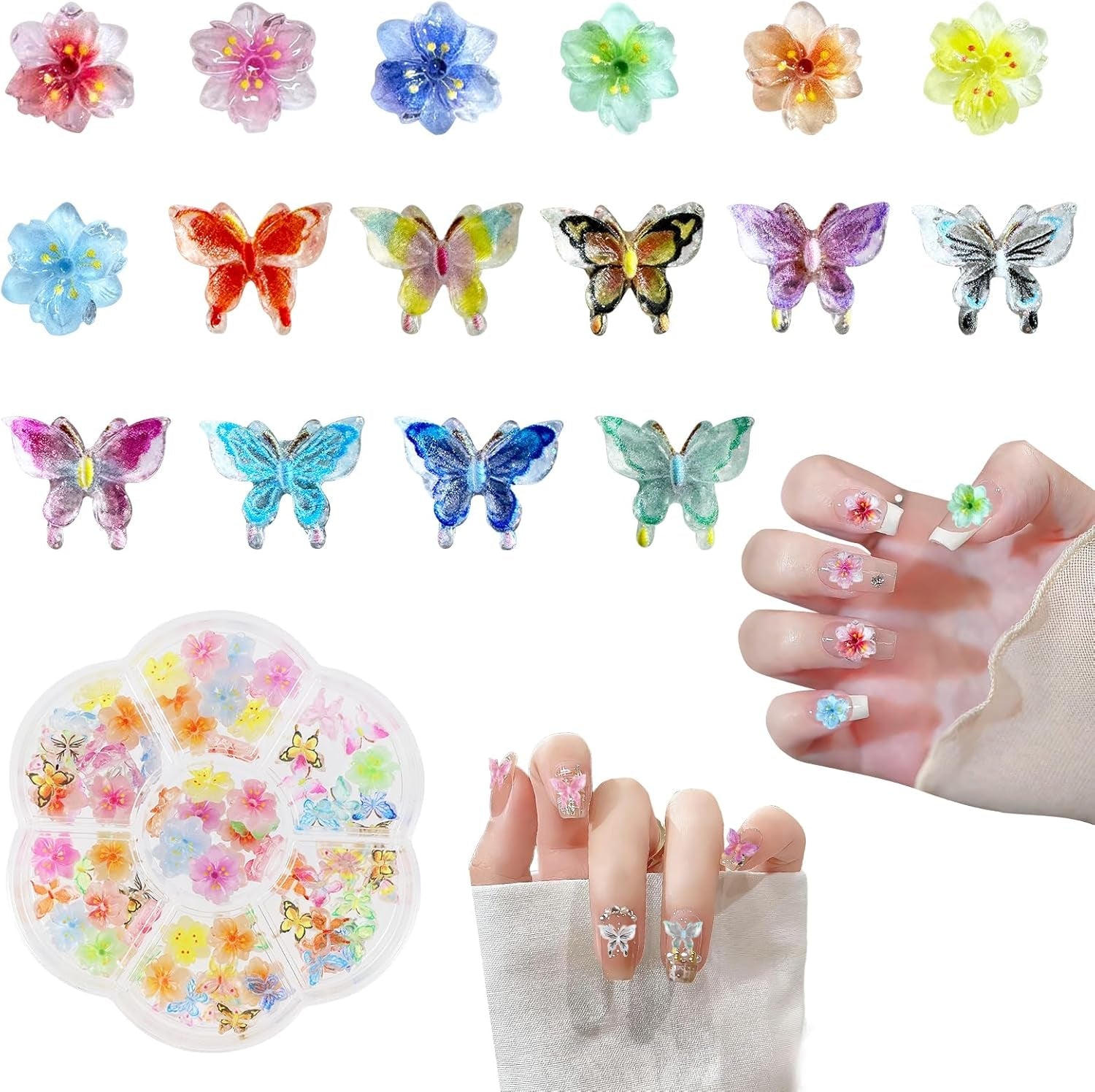 YICH Charms do paznokci Nägel Charms 50 sztuk 3D kwiaty + 50 sztuk 3D Schmetterling, letni zestaw Nägel Deko Schmetterling/kwiaty Nail Art Nailart