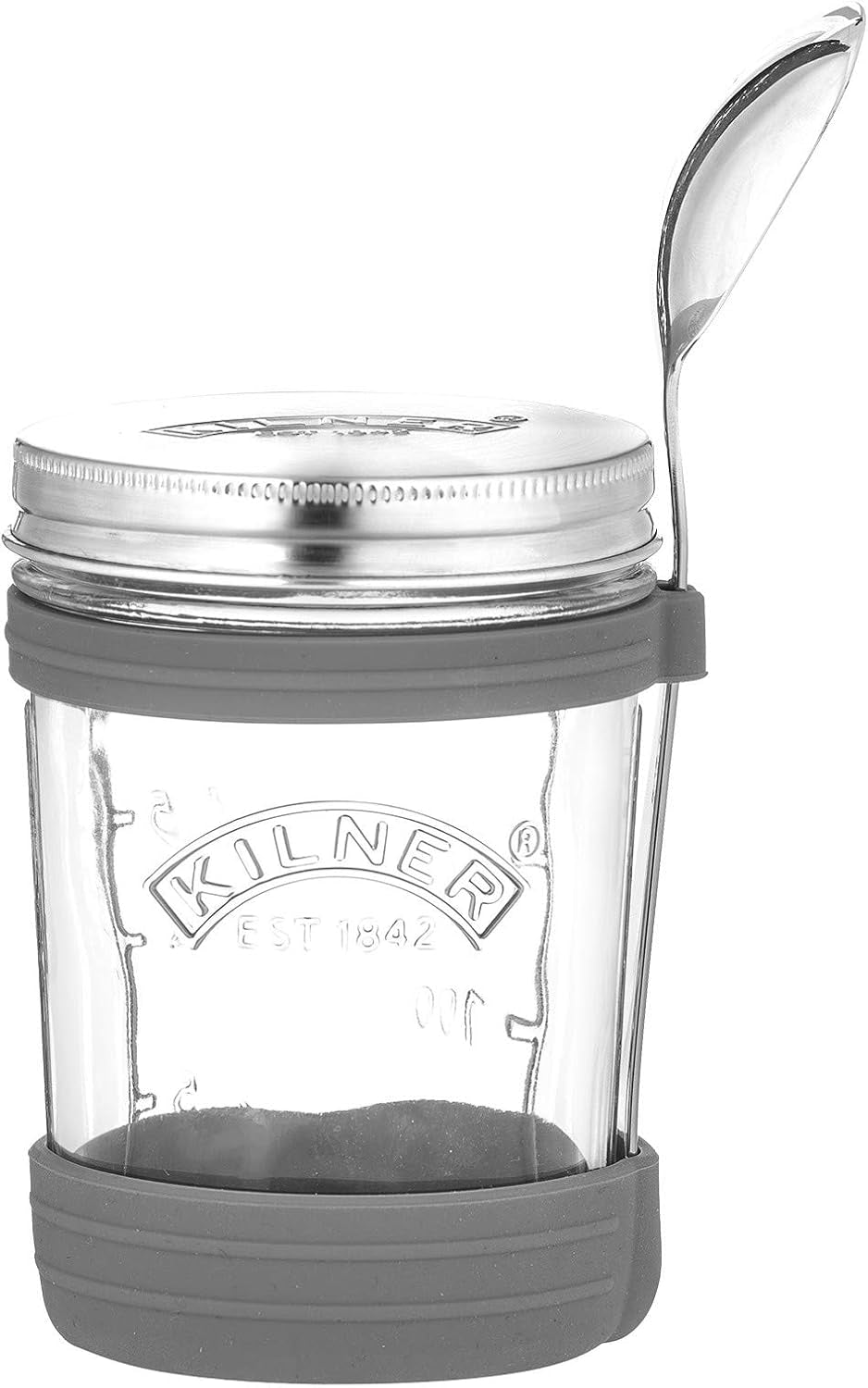 Kilner słoik śniadaniowy z łyżeczką / 350 ml, Ø 9,5 cm / 5 sztuk | Kubek do musli na wynos / nietoksyczny / szklany pojemnik z pokrywką na musli, owsiankę i jogurt / pojemnik na płatki owsiane Pudełka do przechowywania żywności Naty Shop Kubek na zupę