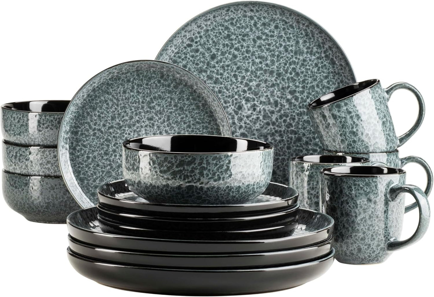 MĘSER 934110 Seria Filippa, Ceramiczny zestaw zastawy stołowej dla 4 osób, Nowoczesny kombinowany zestaw zastawy stołowej składający się z 16 sztuk; Plates, bowls and cups with reactive glaze in green and black, Stoneware, Green