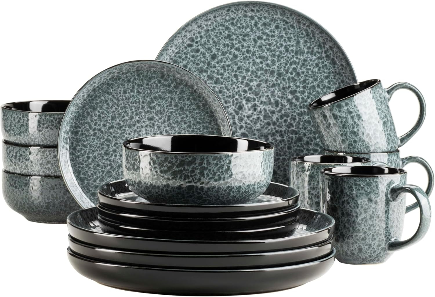 MĘSER 934110 Seria Filippa, Ceramiczny zestaw zastawy stołowej dla 4 osób, Nowoczesny kombinowany zestaw zastawy stołowej składający się z 16 sztuk; Plates, bowls and cups with reactive glaze in green and black, Stoneware, Green