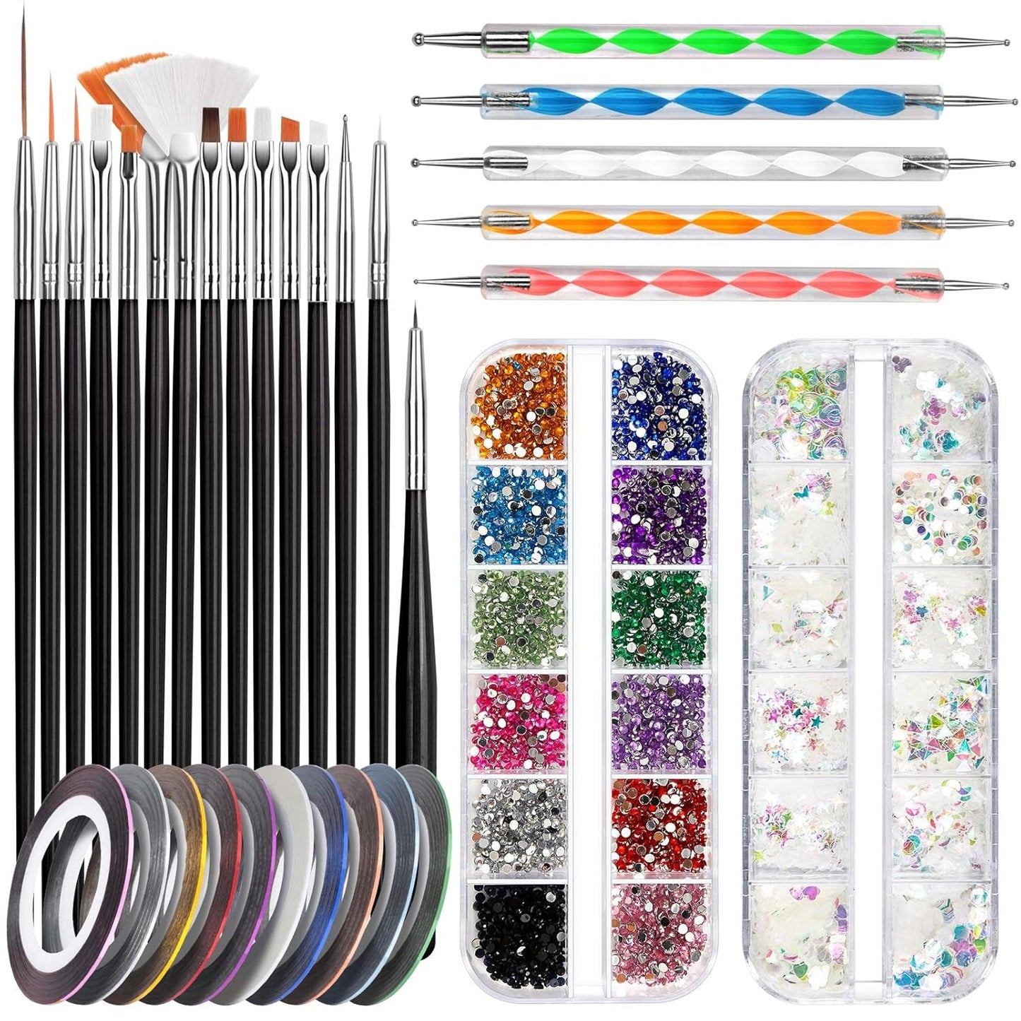 Zestaw pędzli do zdobienia paznokci FANDAMEI, 15 Stücke Pinsel Für Gelnägel Nagel Pinsel, 5 Stücke Dotted Pen, 10 Rolle Streifenband Nägel, Strasssteine ​​​​Nägel, Ultra Dünn Nagel Paillettes Für Nagelkunst Maniküre Set