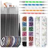 Zestaw pędzli do zdobienia paznokci FANDAMEI, 15 Stücke Pinsel Für Gelnägel Nagel Pinsel, 5 Stücke Dotted Pen, 10 Rolle Streifenband Nägel, Strasssteine ​​​​Nägel, Ultra Dünn Nagel Paillettes Für Nagelkunst Maniküre Set
