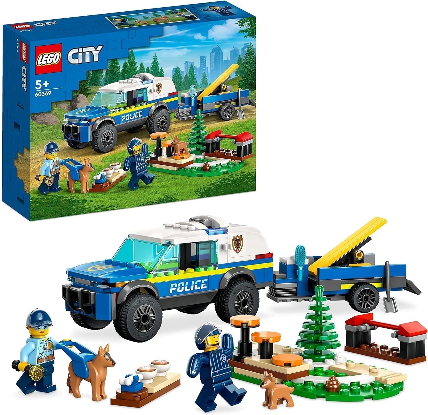 LEGO 60369 City Mobilna zabawka policyjna do szkolenia psów Samochód policyjny z przyczepą Figurki psów i szczeniąt Zestaw zwierząt dla dzieci w wieku powyżej 5 lat Zestawy do budowania Besuche den LEGO-Store Single