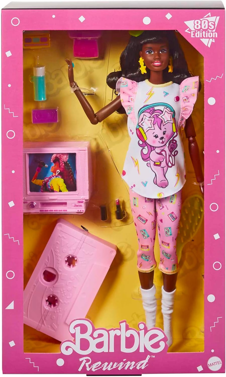 Barbie Rewind – nostalgiczna figurka kolekcjonerska w stylu lat 80. ze wspaniałymi włosami i strojem, zawiera telewizor, popcorn i telefon, dla fanów i kolekcjonerów, HJX19