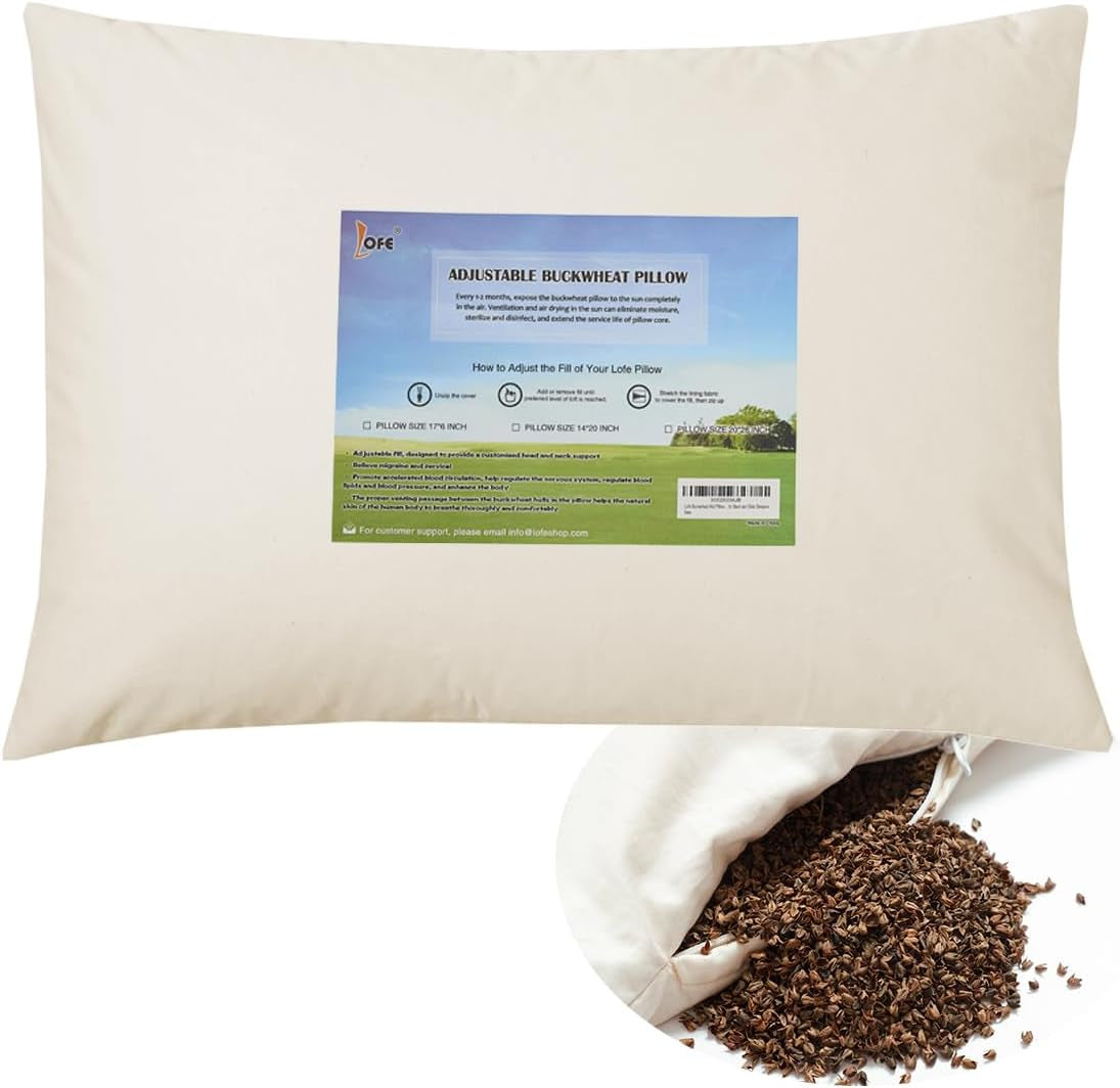 LOFE Organiczna poduszka do spania z gryki 35,6 x 50,8 cm Regulowana, oddychająca, chłodna poduszka do spania dla podkładów tylnych i bocznych (łuski gryki tatarskiej) Poduszki standardowe Naty Shop Kolor kremowy Rozmiar japoński (14 x 20 cali)
