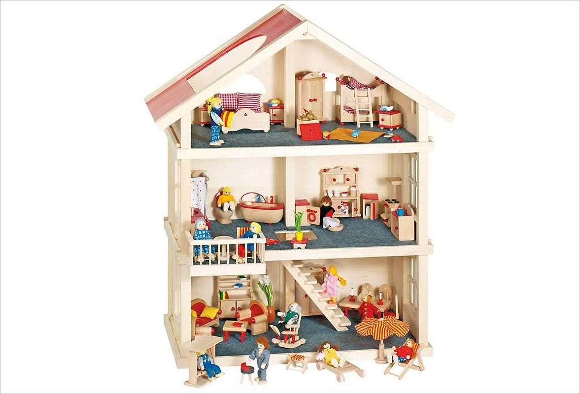 51957 Drewniany domek dla lalek, 65 x 35 x 87,5 cm - Duży drewniany domek dla lalek, 3 piętra, otwarta konstrukcja, czerwony dach, schody i balkon do kreatywnego odgrywania ról, świat domku dla lalek