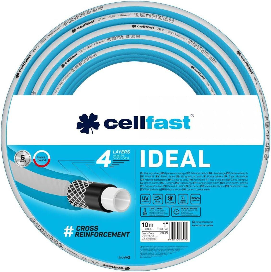 Wąż ogrodowy Cellfast IDEAL, trwały, elastyczny, 4 warstwy, trwały oplot krzyżowy, odporny na promieniowanie UV i algi, technologia REACH, 27 bar, -20/+60° krótkoterminowo 1", 10 m