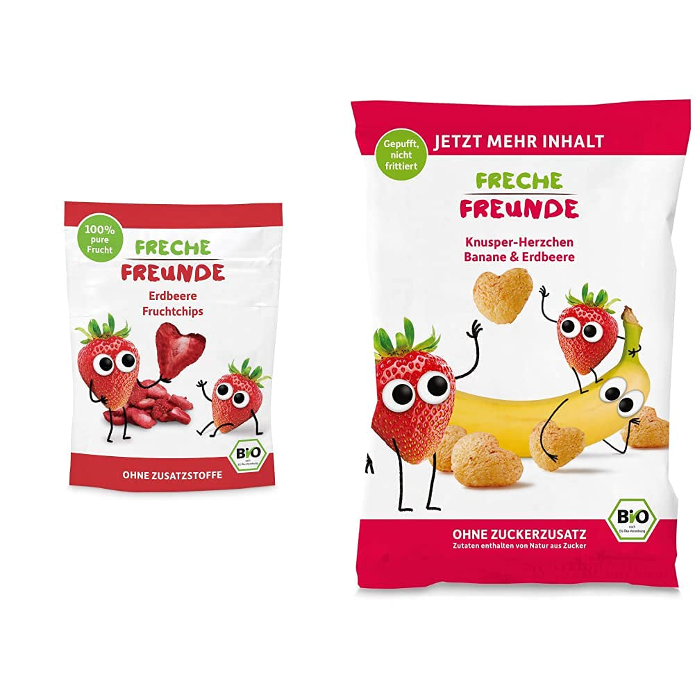 Organiczne chipsy owocowe 100% truskawkowe, liofilizowane chipsy truskawkowe, opakowanie 12 sztuk (12 x 12 g) i chrupiące serca Banan i truskawka Organiczna przekąska dla dzieci i niemowląt (9 x 30 g) 270 g