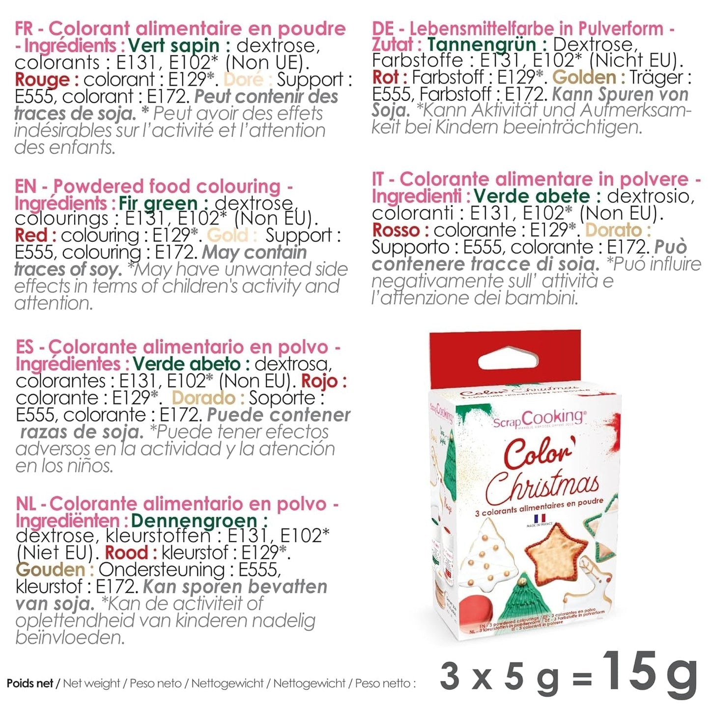 Scrapcooking - zestaw 3 sproszkowanych świątecznych barwników spożywczych - czerwony, zielony, złoty - jadalny barwnik spożywczy do pieczenia, ciast, ciastek, ciastek, ciasta, kremówki - dekoracje świąteczne - 4018