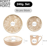 Moritz & Moritz MARIELLA 6-osobowy 24-częściowy zestaw obiadowy z kamionki - Nowoczesna beżowa zastawa stołowa o zabawnym designie, łatwy w pielęgnacji serwis kawowy z talerzami, miskami i filiżankami - Zestaw kombinowany