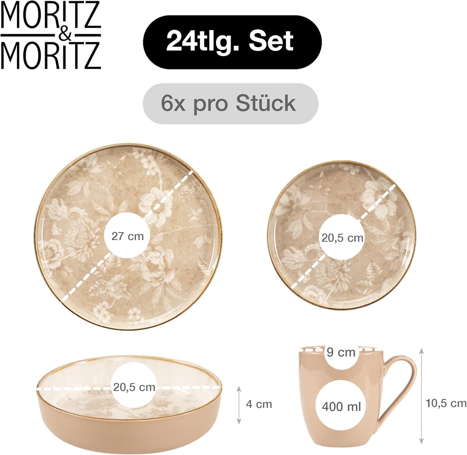 Moritz & Moritz MARIELLA 6-osobowy 24-częściowy zestaw obiadowy z kamionki - Nowoczesna beżowa zastawa stołowa o zabawnym designie, łatwy w pielęgnacji serwis kawowy z talerzami, miskami i filiżankami - Zestaw kombinowany