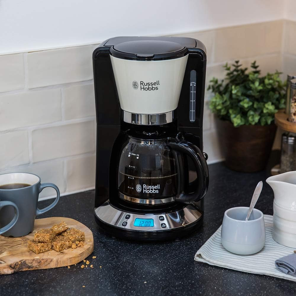 Ekspres do kawy Russell Hobbs [cyfrowy minutnik, słuchawka prysznicowa zapewniająca optymalną ekstrakcję i aromat] Colors+ Creme (1 do 10 filiżanek, szklana karafka 1,25 l, płyta grzewcza, 1100 W) Ekspres do kawy z filtrem 24033-56