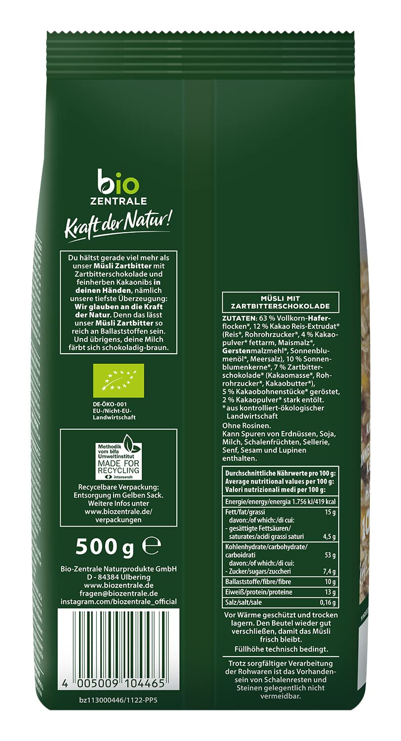 Biocentralne Musli z gorzką czekoladą | 500g Organiczne Wegańskie | Idealny na śniadanie i filiżankę musli na wynos | Alternatywa dla batonów musli