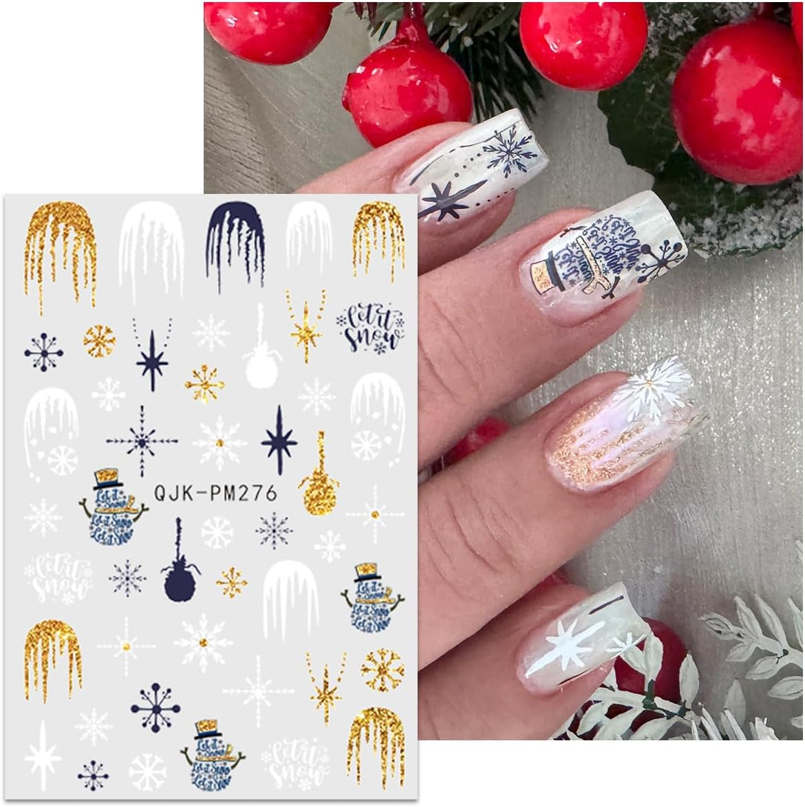JMEOWIO Nagelsticker Weihnachten 10 Blatt Nail Art Naklejka Selbstklebend Nagelaufkleber Glitter Schneeflocke Xmas Winter Urlaub Gold Dekoration Nageldesign Zubehör