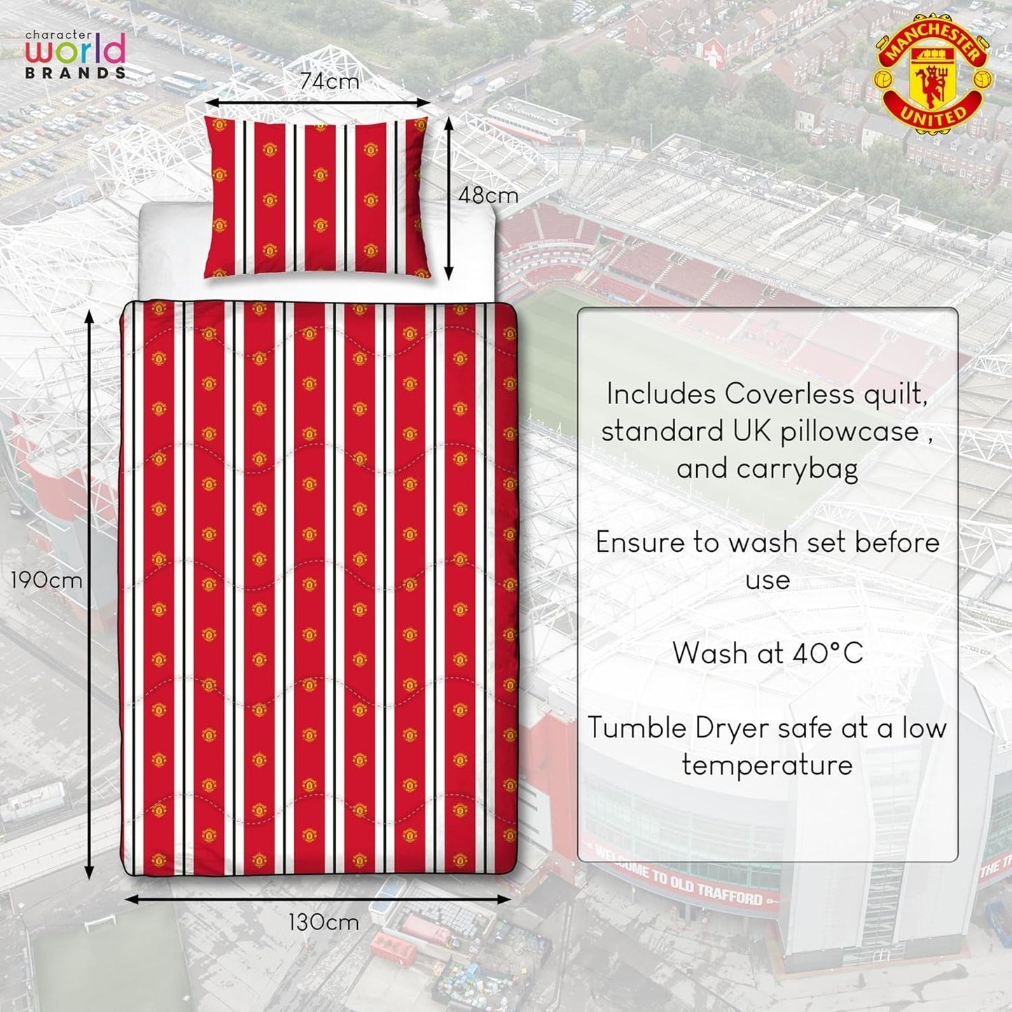 Oficjalna pojedyncza kołdra Manchester United FC, dwustronna, czerwono-biała, bez pokrowca, kołdra piłkarska, poszewka na poduszkę, nadająca się do prania, idealna w podróży, na nocleg, kołdry i kołdry 10,5 Tog Naty Shop
