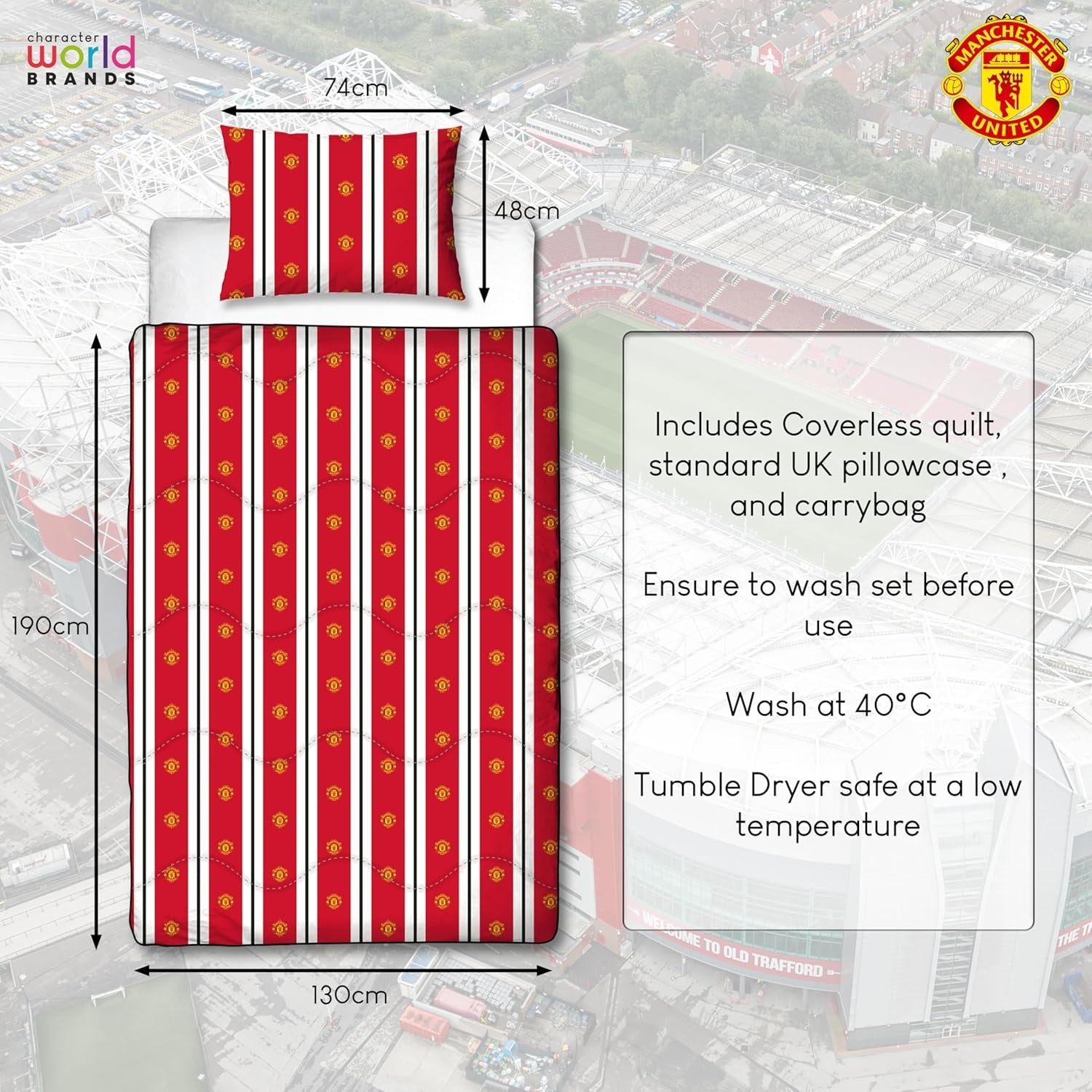 Oficjalna pojedyncza kołdra Manchester United FC, dwustronna, czerwono-biała, bez pokrowca, kołdra piłkarska, poszewka na poduszkę, nadająca się do prania, idealna w podróży, na nocleg, kołdry i kołdry 10,5 Tog Naty Shop