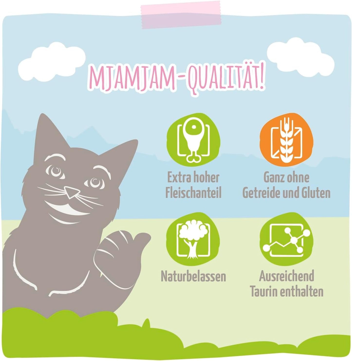 MjAMjAM - Mokra karma premium dla kotów - Soczysty kurczak i dziki łosoś, 6 szt. (6 x 400 g), bez zbóż, z dodatkowym mięsem