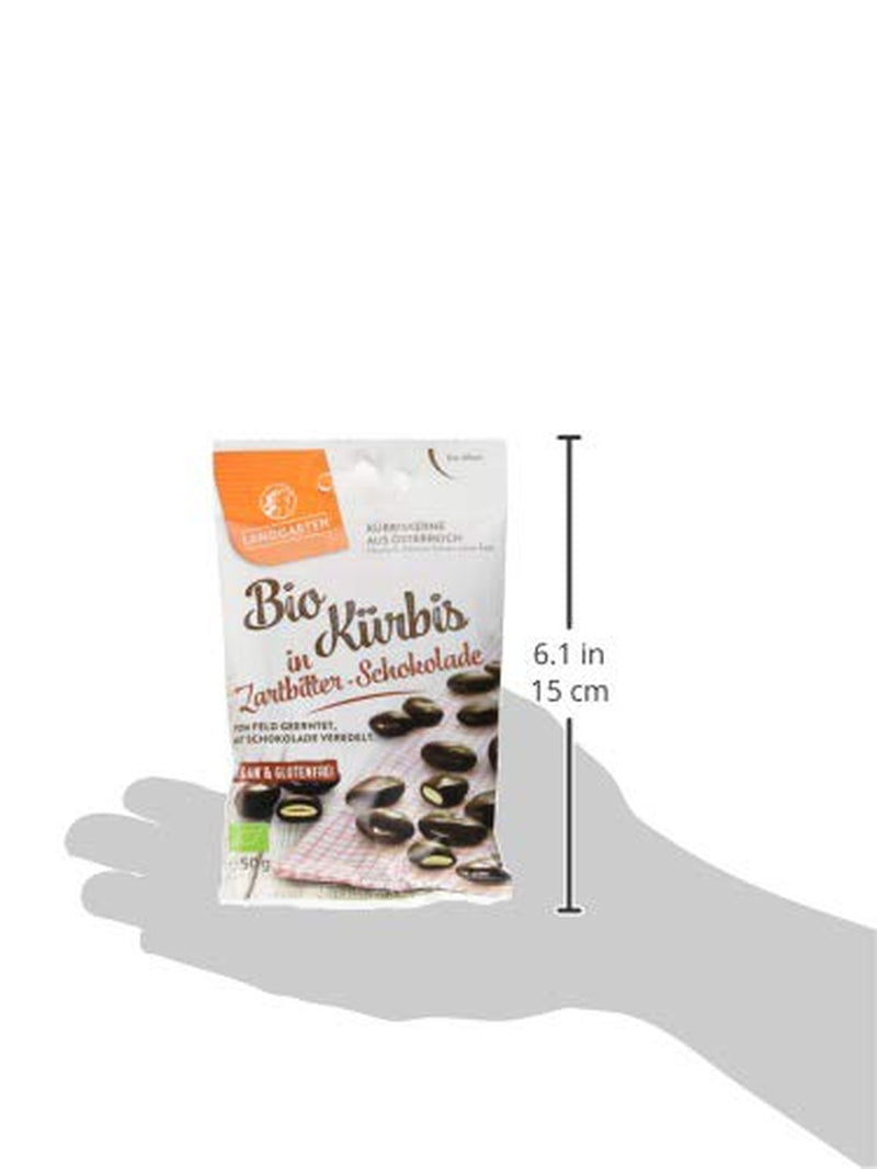 Landgarten Organiczne pestki dyni w ciemnej czekoladzie - Wegańska przekąska czekoladowa z pieczonymi pestkami dyni - źródło magnezu - 1 x 50g
